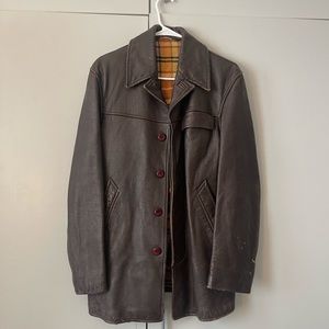 VINTAGE BROWN LEATHER JACKET WITH FLANNEL INSIDE AND BUTTONS AND POCKETS UNISEX